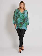Yours Curve Green London Blurred Abstract Overhead Blouse - Image 2 of 5