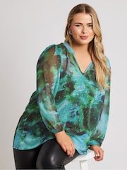 Yours Curve Green London Blurred Abstract Overhead Blouse - Image 4 of 5
