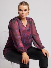 Yours Curve Red London Blurred Abstract Overhead Blouse - Image 1 of 5
