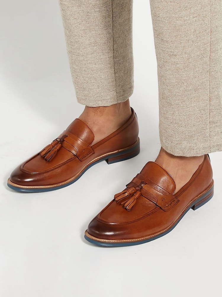 Dune London Brown Chrome Simley Contrast Sole Tassle Loafers - Image 1 of 6
