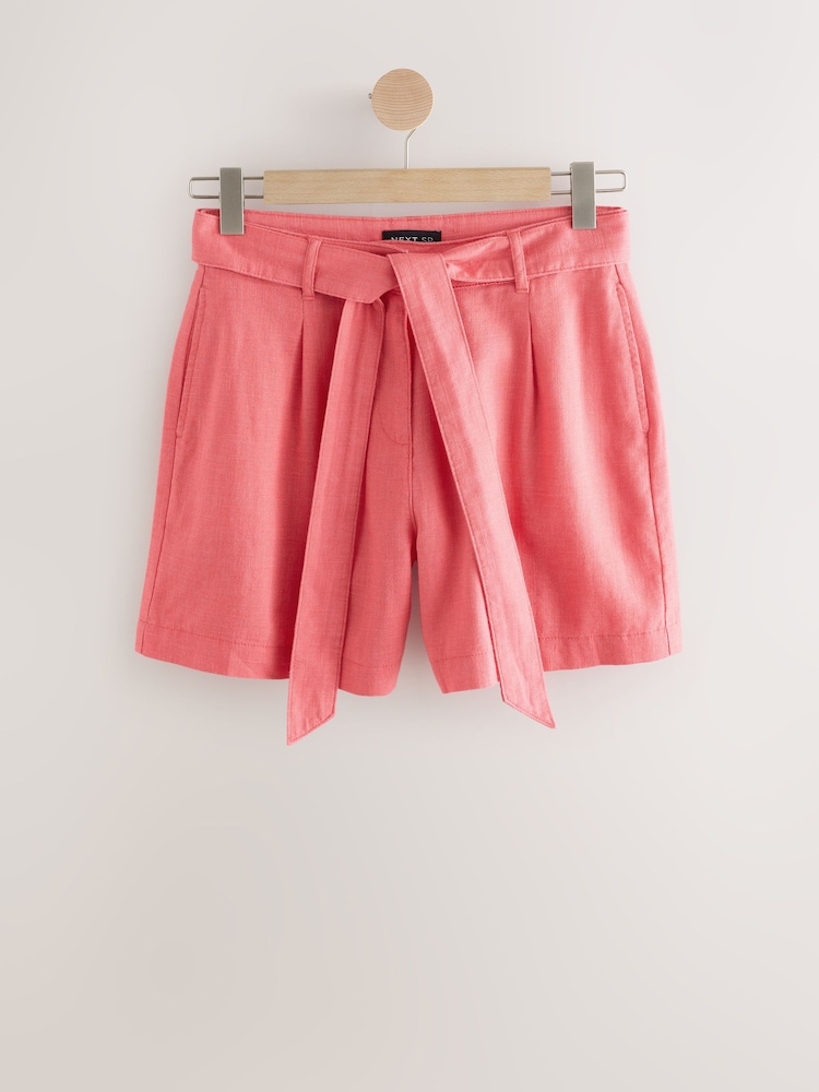 Coral Pink Linen Belted Shorts - Image 1 of 1