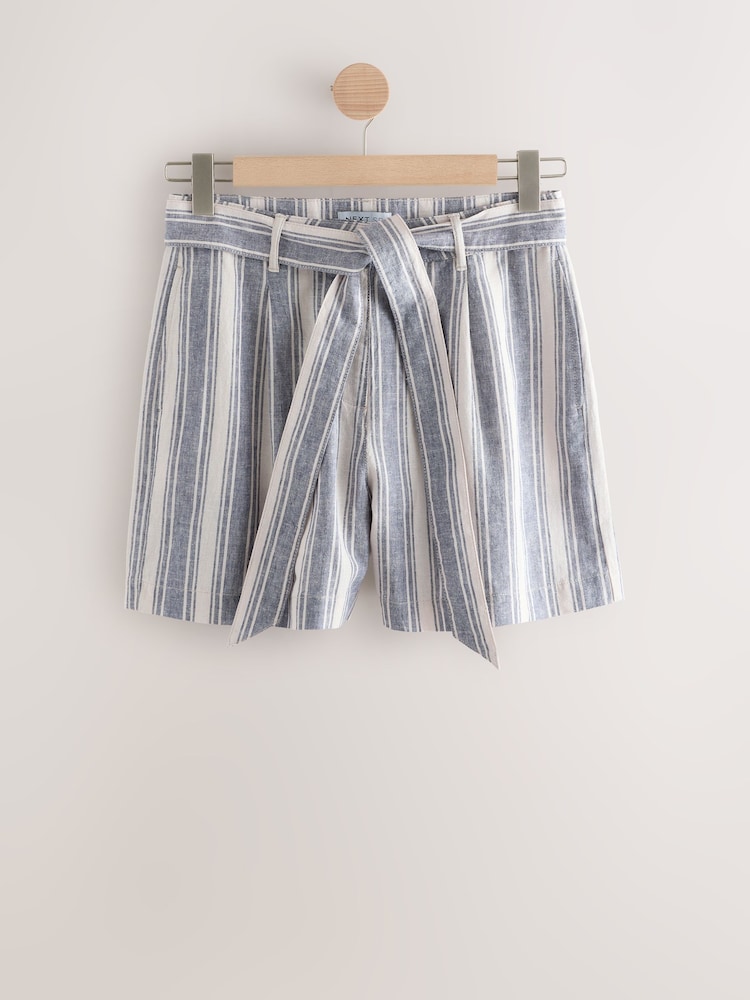 Blue Linen Stripe Belted Shorts - Image 1 of 1