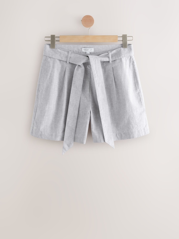 Blue Linen Belted Chambra Shorts - Image 1 of 1