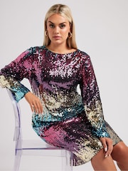 Yours Curve Multi London Sequin Ombre Shift Longsleeve Dress - Image 3 of 6