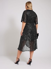 Yours Curve Black London Sequin Wrap Tulip Dress - Image 2 of 5