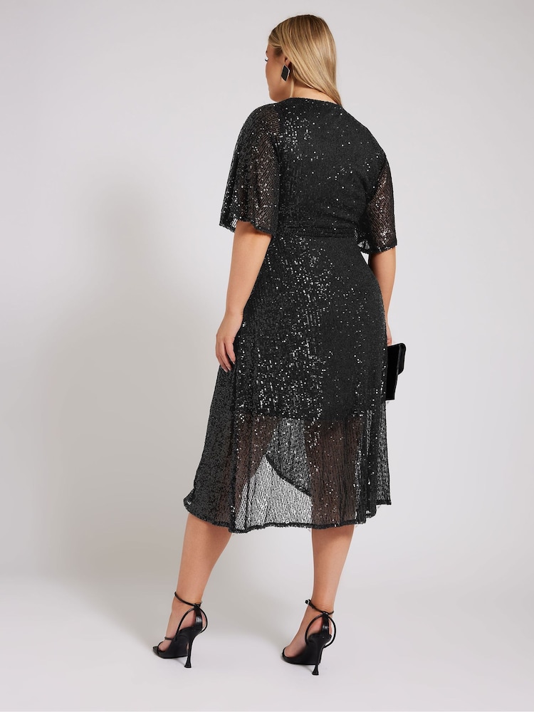 Yours Curve Black London Sequin Wrap Tulip Dress - Image 2 of 5