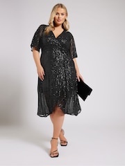 Yours Curve Black London Sequin Wrap Tulip Dress - Image 3 of 5