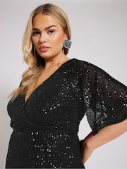 Yours Curve Black London Sequin Wrap Tulip Dress - Image 4 of 5