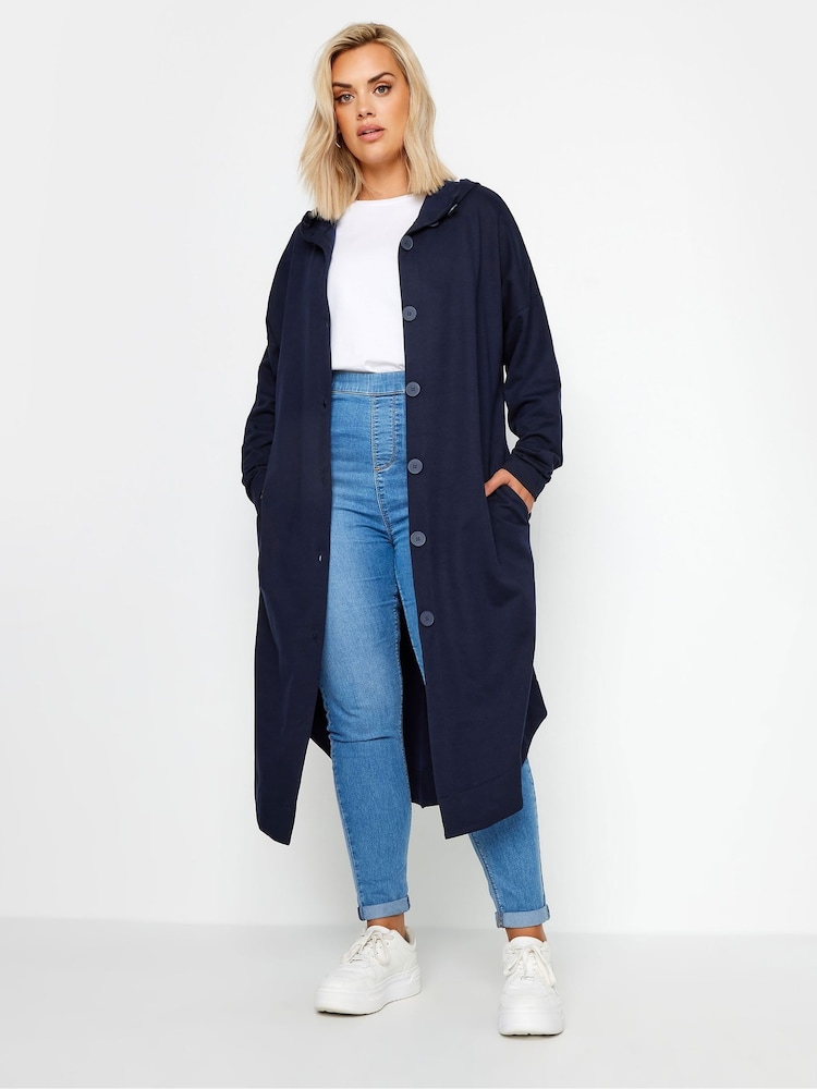 Yours Curve Blue Button Through Hooded Jacket - Image 2 of 5