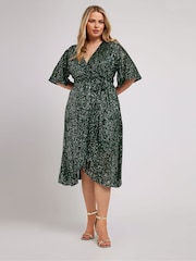 Yours Curve Green London Sequin Wrap Tulip Dress - Image 1 of 5