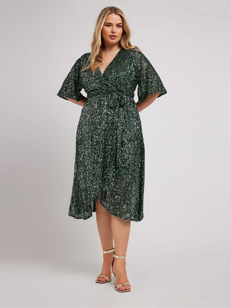 Yours Curve Green London Sequin Wrap Tulip Dress - Image 1 of 5