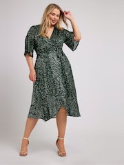 Yours Curve Green London Sequin Wrap Tulip Dress - Image 2 of 5