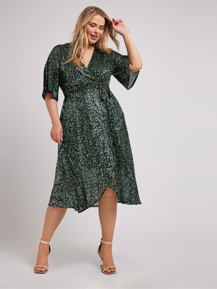 Yours Curve Green London Sequin Wrap Tulip Dress - Image 2 of 5