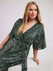 Yours Curve Green London Sequin Wrap Tulip Dress - Image 4 of 5