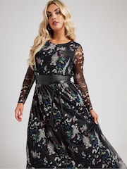 Yours Curve Black London Longsleeve Mesh Dress With PU Belt - Image 1 of 5