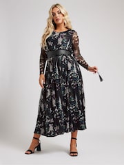 Yours Curve Black London Longsleeve Mesh Dress With PU Belt - Image 2 of 5