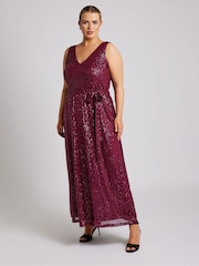 Yours Curve Red London Sequin V-Neck Maxi Dress - Image 1 of 5