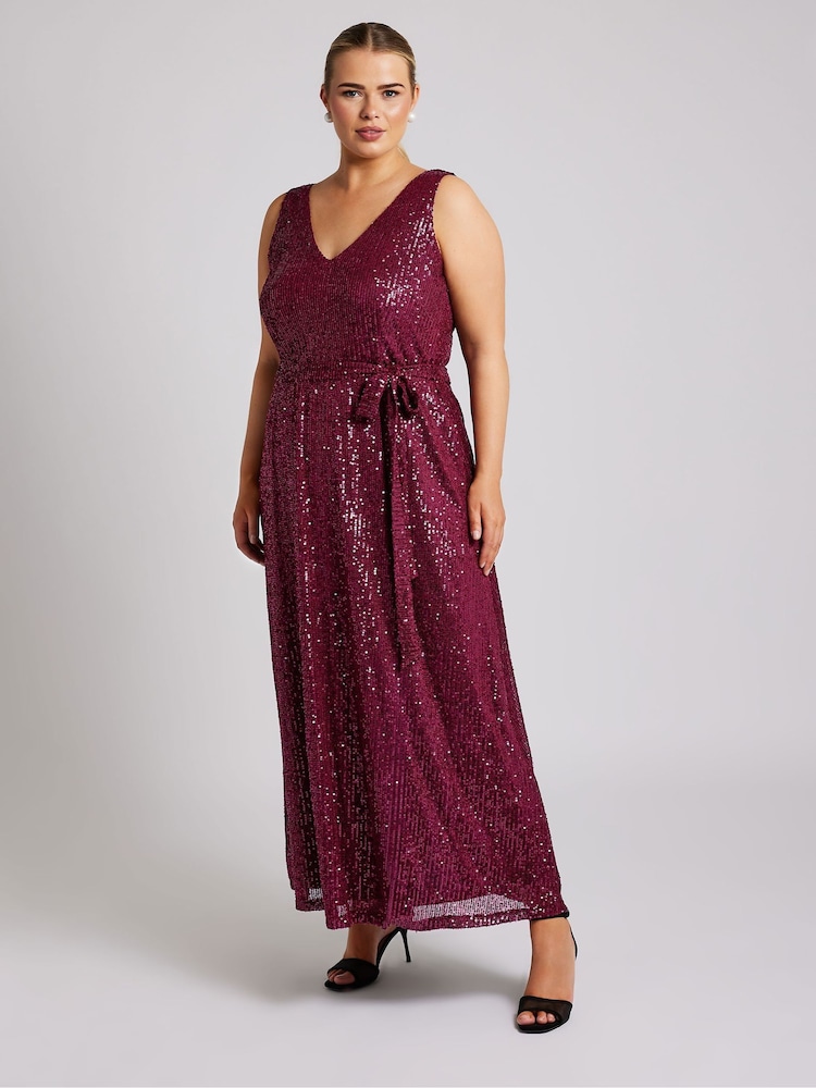 Yours Curve Red London Sequin V-Neck Maxi Dress - Image 1 of 5