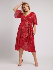 Yours Curve Red London Sequin Wrap Tulip Dress - Image 1 of 5