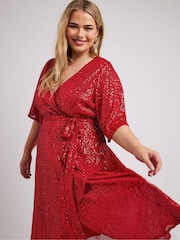 Yours Curve Red London Sequin Wrap Tulip Dress - Image 2 of 5