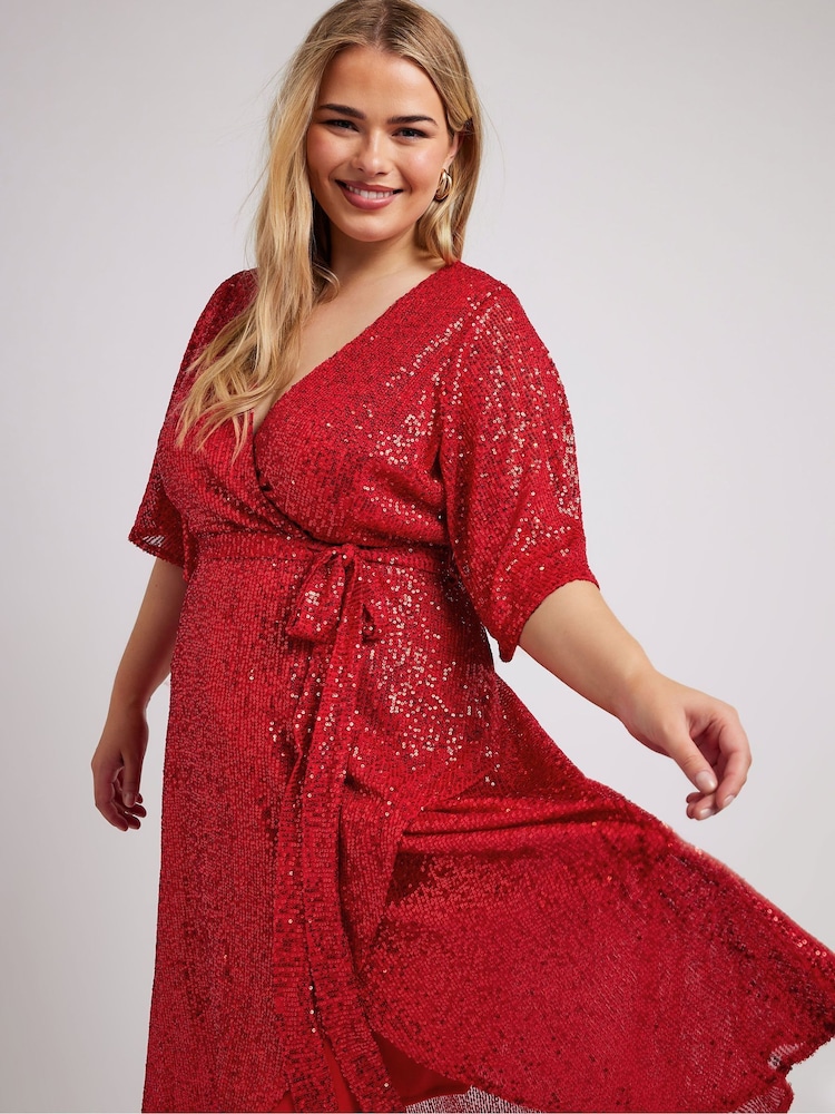Yours Curve Red London Sequin Wrap Tulip Dress - Image 2 of 5