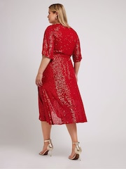 Yours Curve Red London Sequin Wrap Tulip Dress - Image 3 of 5