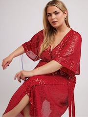 Yours Curve Red London Sequin Wrap Tulip Dress - Image 4 of 5
