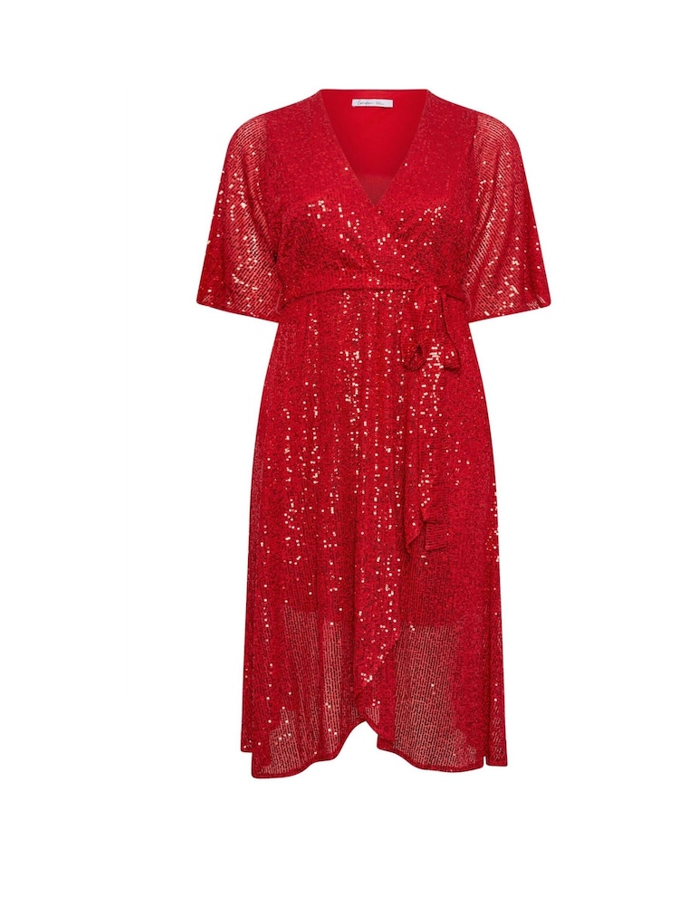Yours Curve Red London Sequin Wrap Tulip Dress - Image 5 of 5