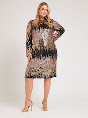 Yours Curve Black/Gold London Sequin Ombre Shift Longsleeve Dress - Image 4 of 6