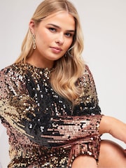 Yours Curve Black/Gold London Sequin Ombre Shift Longsleeve Dress - Image 5 of 6
