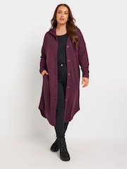 Yours Curve Burgundy Red Button Through Hooded Jacket - Image 1 of 5