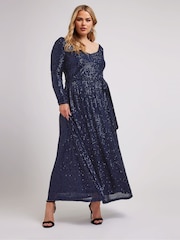 Синий - Yours Curve London Sequin V-Neck Long Sleeve Maxi Dress - Image 1 of 5