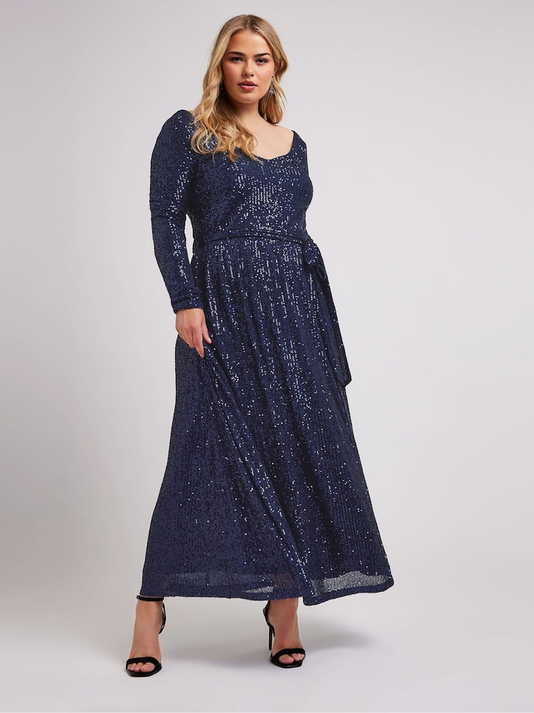 Синий - Yours Curve London Sequin V-Neck Long Sleeve Maxi Dress - Image 1 of 5