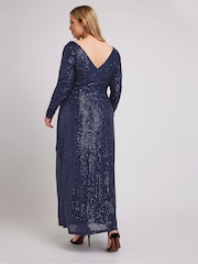Синий - Yours Curve London Sequin V-Neck Long Sleeve Maxi Dress - Image 2 of 5