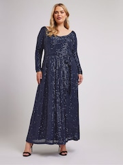 Синий - Yours Curve London Sequin V-Neck Long Sleeve Maxi Dress - Image 3 of 5