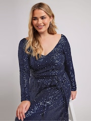 Синий - Yours Curve London Sequin V-Neck Long Sleeve Maxi Dress - Image 4 of 5