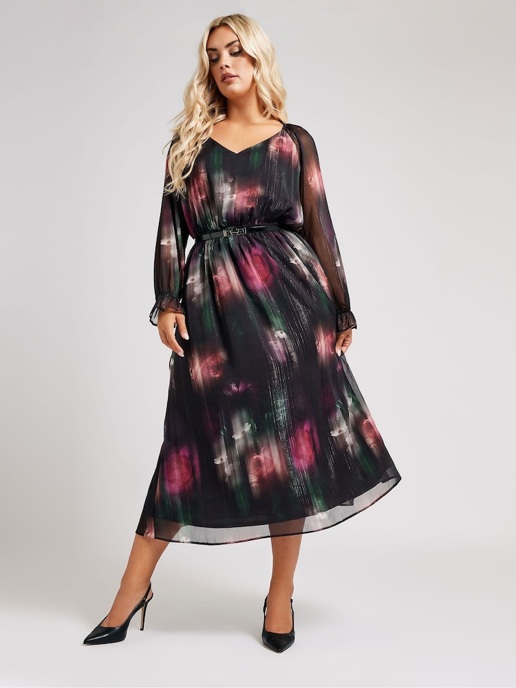 Yours Curve Black Floral London Metallic Dress With PU Belt - Image 3 of 6