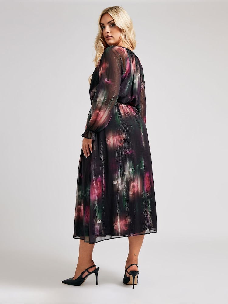 Yours Curve Black Floral London Metallic Dress With PU Belt - Image 5 of 6