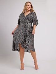 Yours Curve Black London Sequin Wrap Tulip Dress - Image 1 of 5