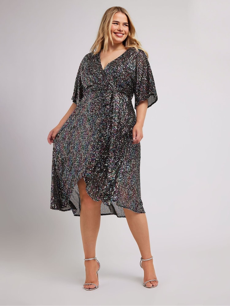 Yours Curve Black London Sequin Wrap Tulip Dress - Image 1 of 5