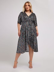 Yours Curve Black London Sequin Wrap Tulip Dress - Image 3 of 5