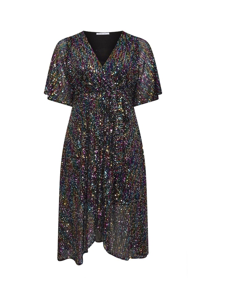Yours Curve Black London Sequin Wrap Tulip Dress - Image 5 of 5