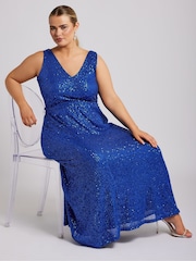 Yours Curve Blue London Sequin V-Neck Maxi Dress - Image 1 of 5