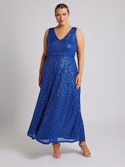 Yours Curve Blue London Sequin V-Neck Maxi Dress - Image 2 of 5