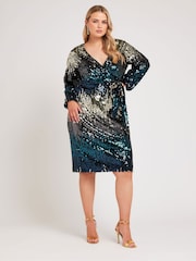 Yours Curve Blue & Gold London Sequin Ombre Wrap Dress - Image 4 of 6