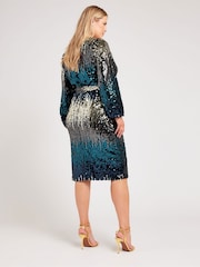Yours Curve Blue & Gold London Sequin Ombre Wrap Dress - Image 5 of 6