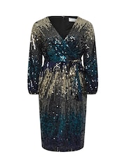 Yours Curve Blue & Gold London Sequin Ombre Wrap Dress - Image 6 of 6