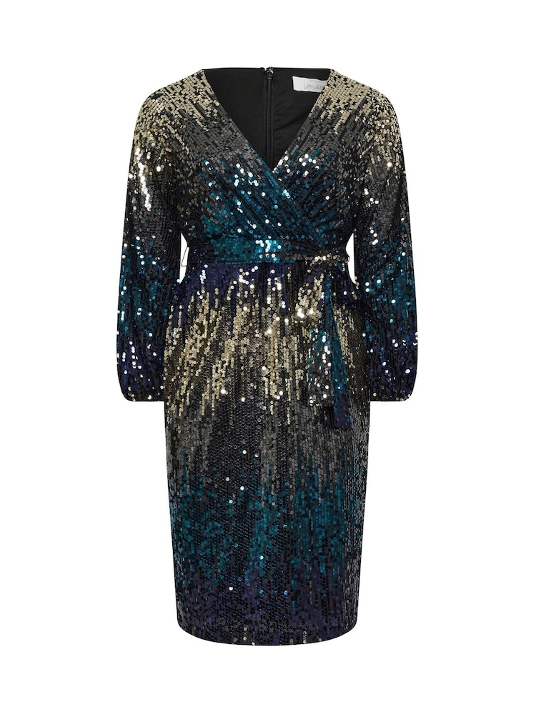Yours Curve Blue & Gold London Sequin Ombre Wrap Dress - Image 6 of 6