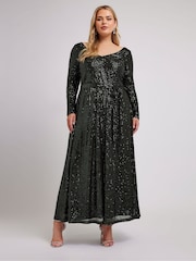Зеленый - Yours Curve London Sequin V-Neck Long Sleeve Maxi Dress - Image 1 of 5