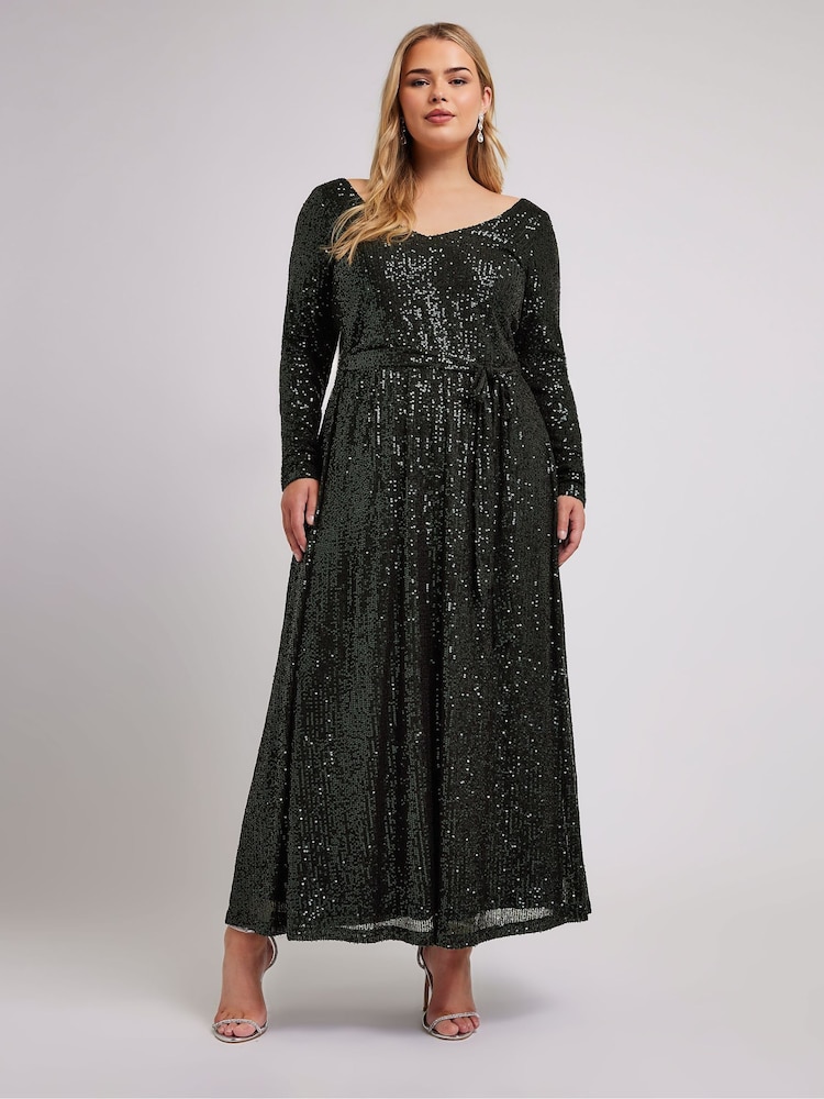 Зеленый - Yours Curve London Sequin V-Neck Long Sleeve Maxi Dress - Image 1 of 5